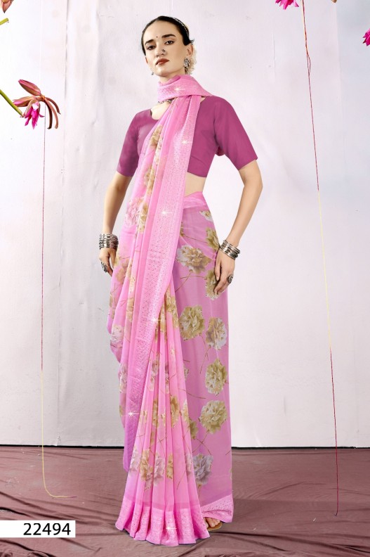Fancy Georgette Printed Saree With blouse and swaroski stone work border